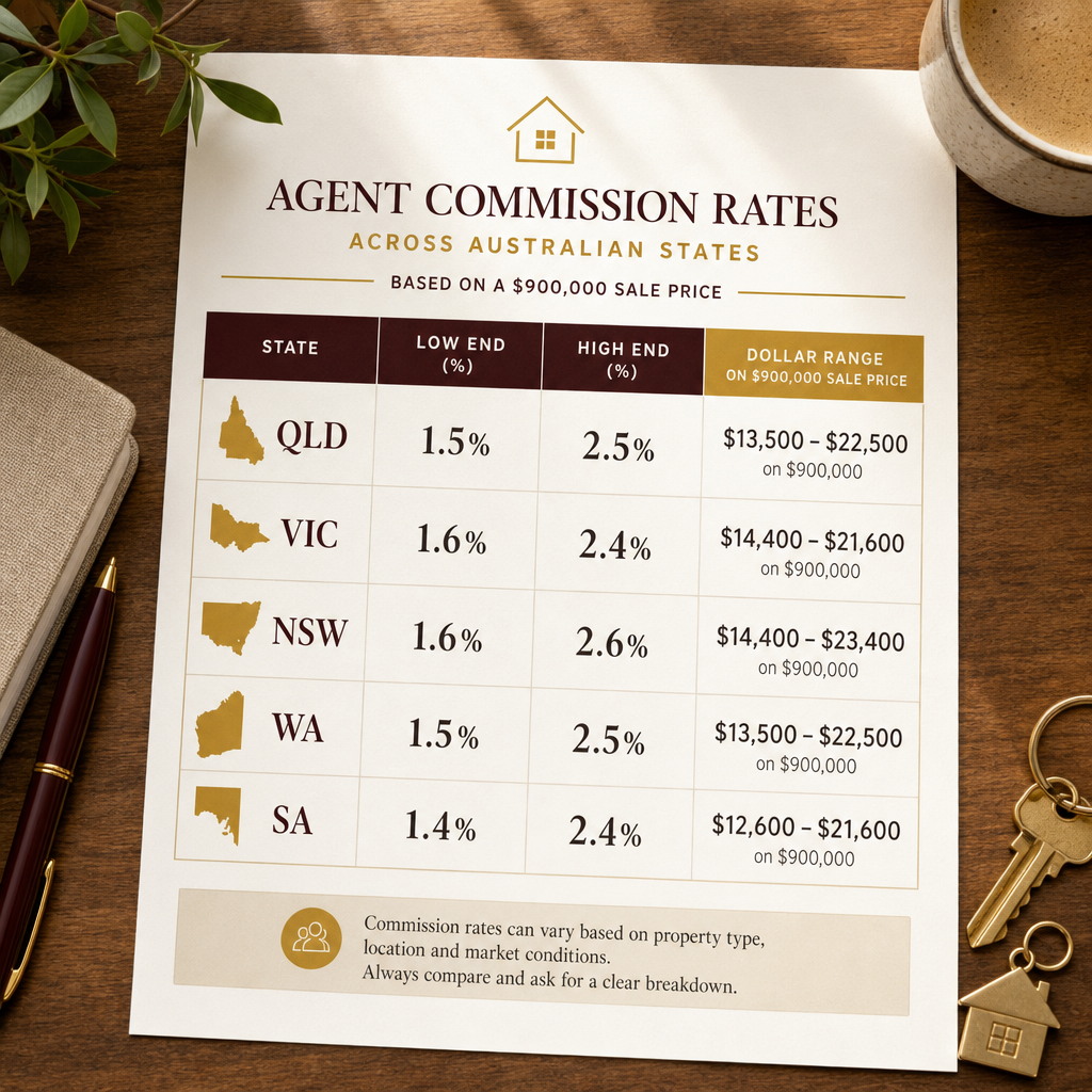 Comparison chart of real estate agent commission rates across Australian states for a $900,000 sale
