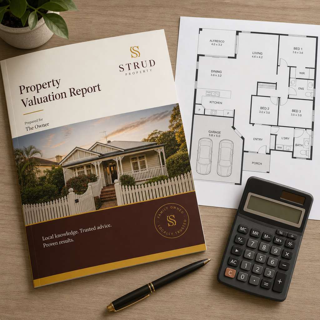 Property valuation report document with floor plan and calculator on a desk