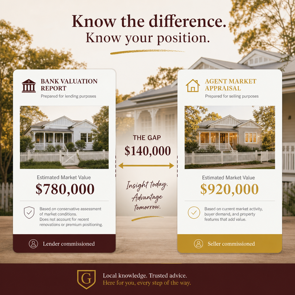 Diagram comparing a conservative bank valuation figure against a higher agent market appraisal figure