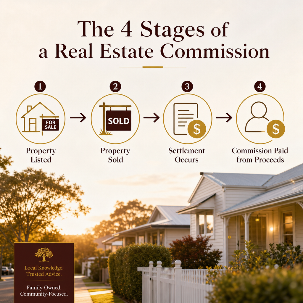 Flow diagram showing four stages: property listed, sold, settlement, and commission paid from proceeds