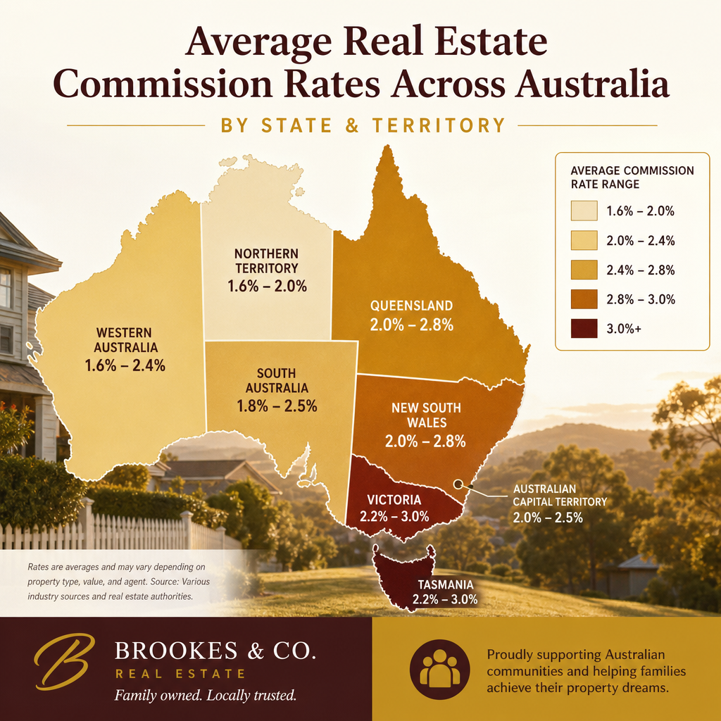 Map of Australia showing average real estate commission rate ranges by state and territory in 2026