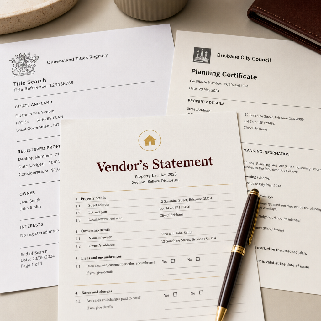 Section 32 vendor's statement document alongside a title search and planning certificate on a desk