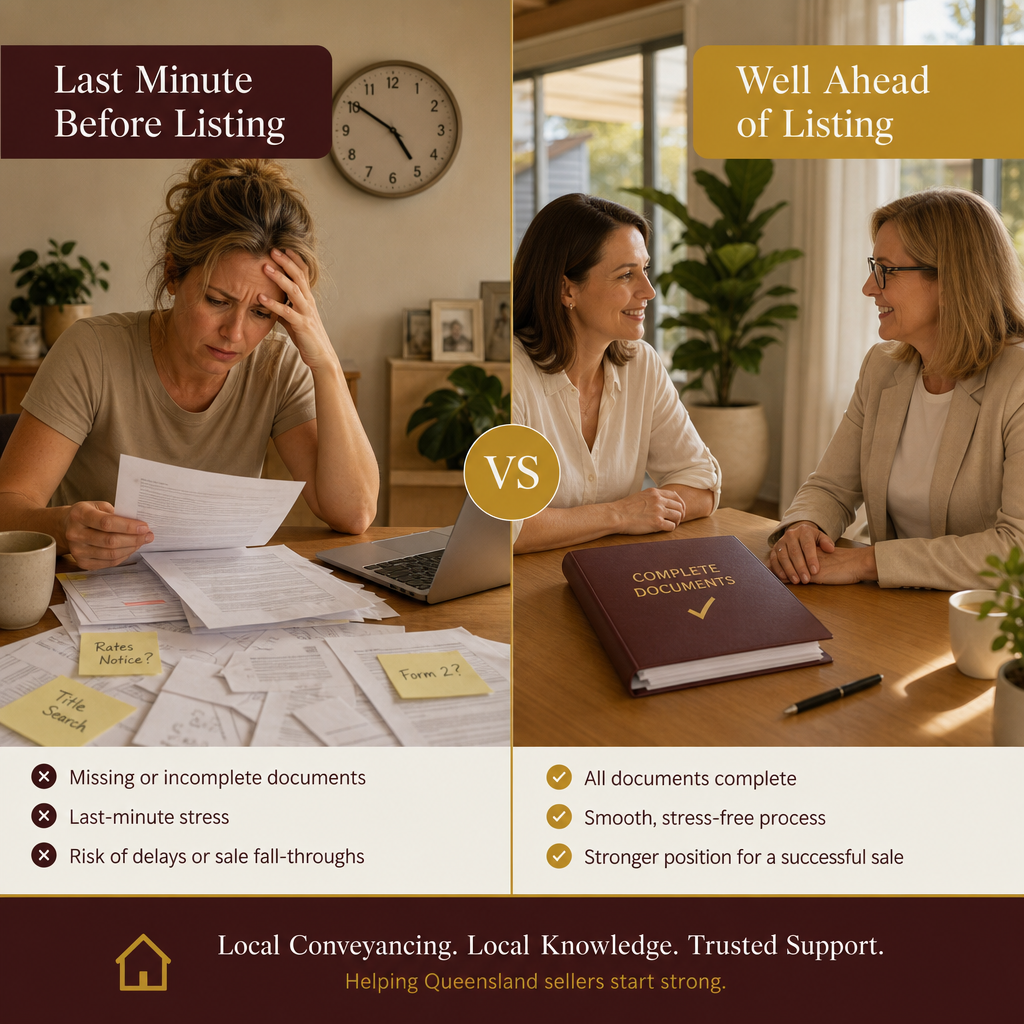 Split illustration comparing a disorganised seller rushing Section 32 preparation versus an organised seller meeting early with a conveyancer
